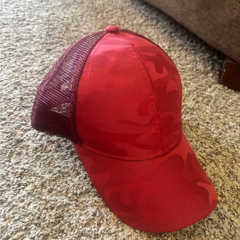 Red Camouflage Mesh Baseball Cap with hole for hair.